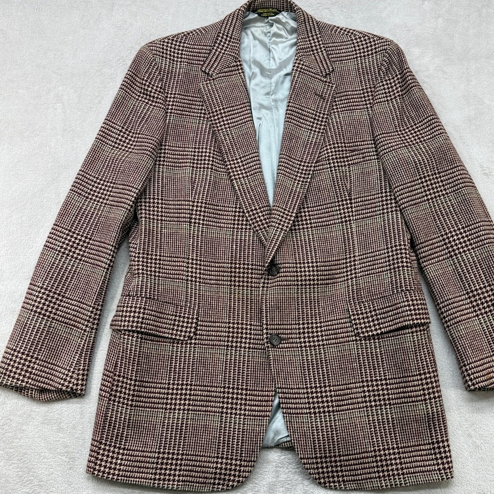 VTG Lands' End Sport Coat Men 40R Burgundy Glen Plaid Wool Tweed Blazer USA Made - Picture 4 of 12
